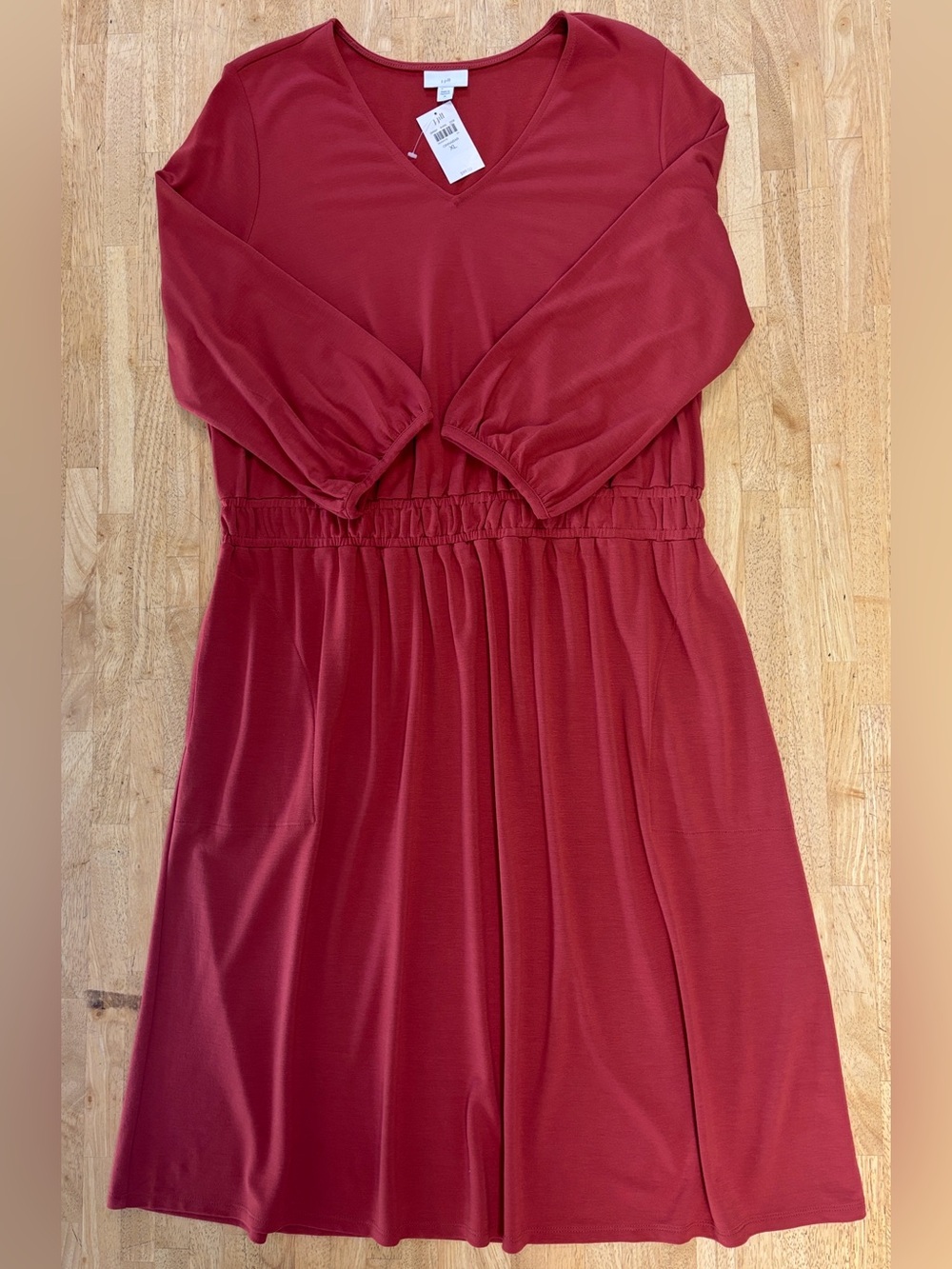 J.Jill Smocked Waist V-Neck A-Line Pocket Dress Rust Red Brick Cinnabar NWT XL